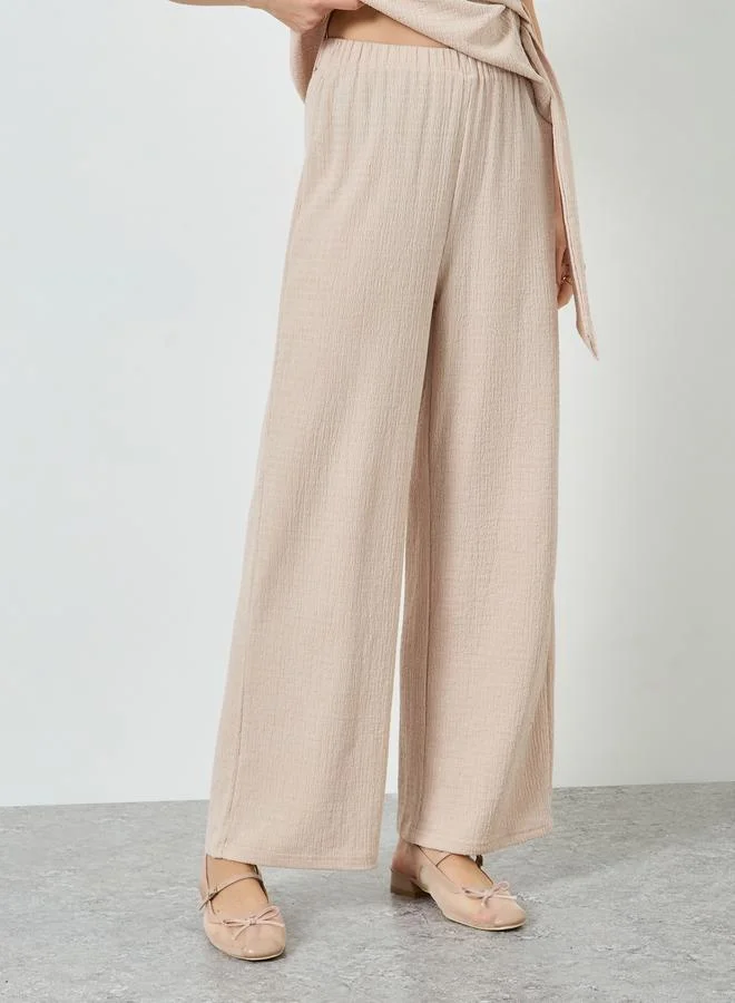 Styli  Women Cream Textured Top and Wide Leg Pants Set for Women | Best Price UAE